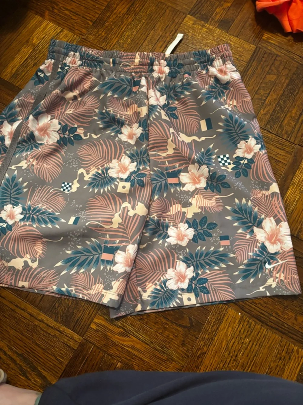 Nike Gray Floral Swim Shorts with Teal and Coral Accents - Picture 2 of 6